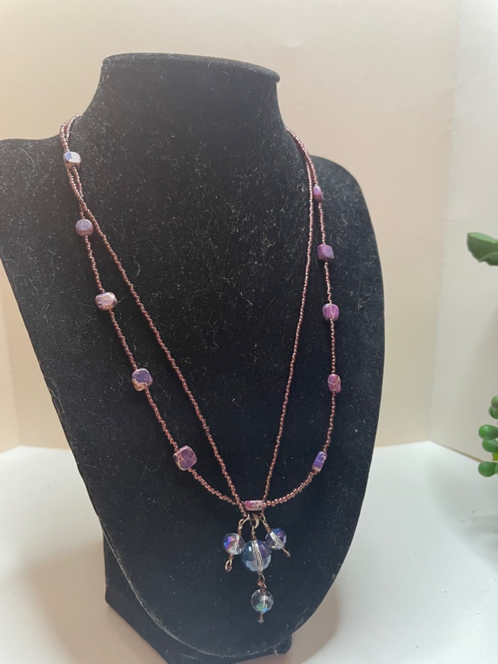 Double-Strand Purple Beaded Pendant Necklace - Unbranded